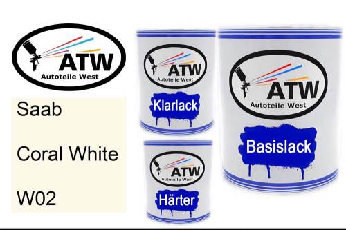 Saab, Coral White, W02: 1L Lackdose + 1L Klarlack + 500ml Härter - Set, von ATW Autoteile West.